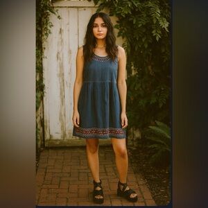 Vintage Expressions Denim Star Embroidered Sleeveless Jumper Dress, Size Large